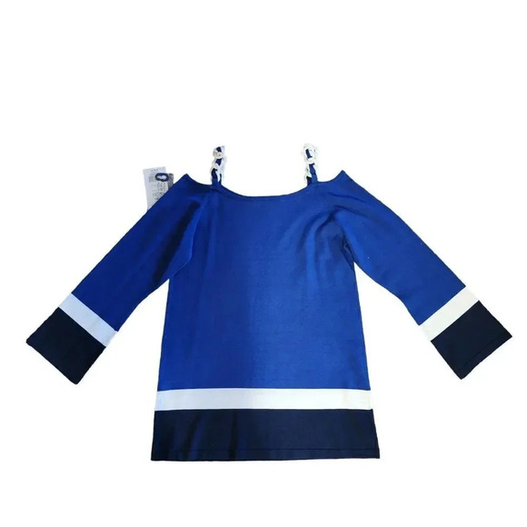 New $185 Etcetera Pullover Top Blue Tricolor Rayon Cold Shoulder Sleeve XS - Picture 3 of 7